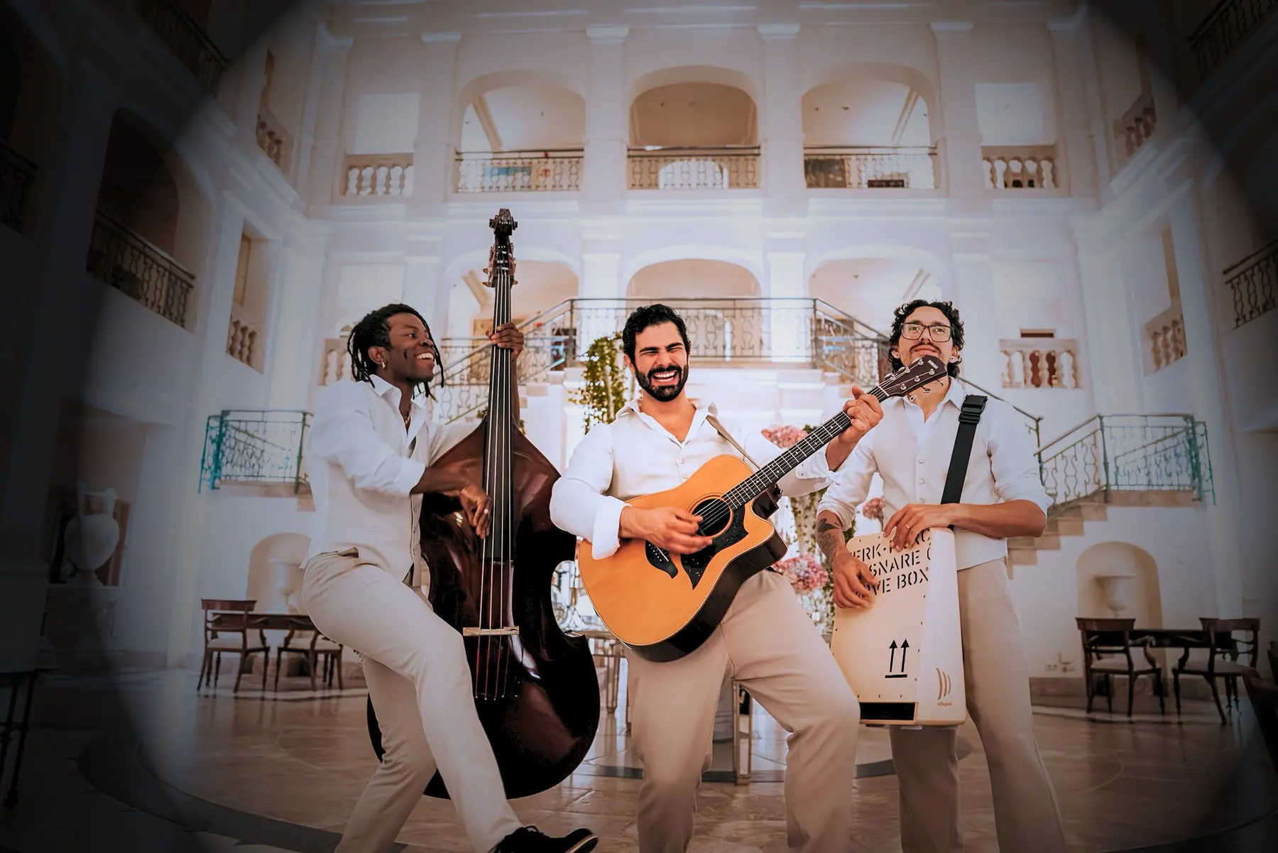 Roaming trio in a white courtyard